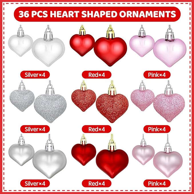 ZMCINER 36PCS 2 Sizes Heart Ornaments Valentine Ornaments for Tree Decorations, Valentine Day Ornaments for Heart Decorations (3 Colors)