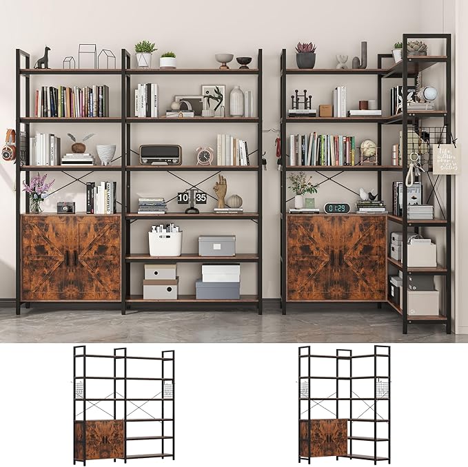 Semoic 6-tire Farmhouse Corner Book Shelf with 2 Barn Doors and 10 Storage Shelves, 71.3" Tall Convertible Etagere Bookcase with Storage Cabinet, Large L Shaped Bookshelf for Living Room(Rustic Brown)