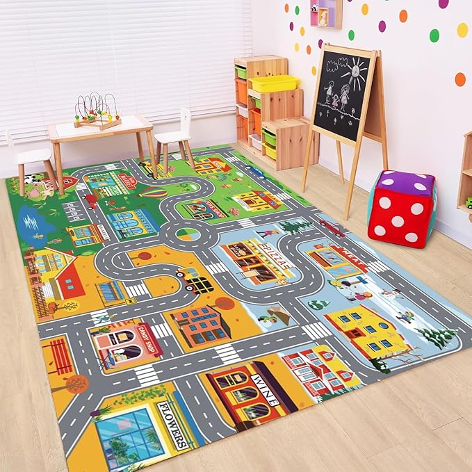 Car Rugs for Kids Toy Cars,Kids Play Rug with Non-Silp Backing, City Road Carpet for Playroom Bedroom Boys, Car Track Map Playmat - 9'2" x 6'7" (Rectangular)