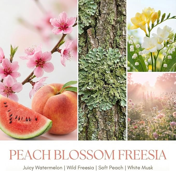 HomeLights Soy Wax Candles for Home Scented, 4-Wick Candles in Peach Blossom Freesia Scented, Aromatherapy Candles Gift for Parties, Relaxing, Bohemian Natural Textures, 18oz