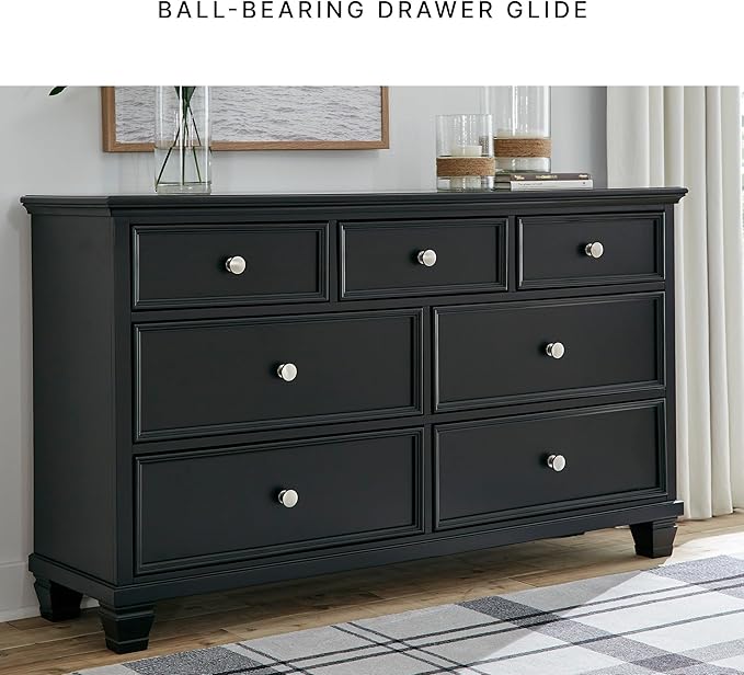 Signature Design by Ashley Lanolee Traditional Dresser with Framed Drawer Fronts and Tapered Feet, 7 Drawers, Satin Nickel Knobs, Wood, 36" High, Black