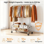 Heavy Duty Clothes Rack, Rolling Clothing Rack for Hanging Clothes Load 650 LBS with 2 Sturdy Shelves, Metal Garment Rack with Wheels for Bedroom, Laundry Room, Retail Store, Silver