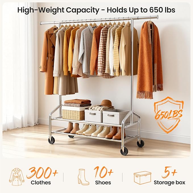 Heavy Duty Clothes Rack, Rolling Clothing Rack for Hanging Clothes Load 650 LBS with 2 Sturdy Shelves, Metal Garment Rack with Wheels for Bedroom, Laundry Room, Retail Store, Silver