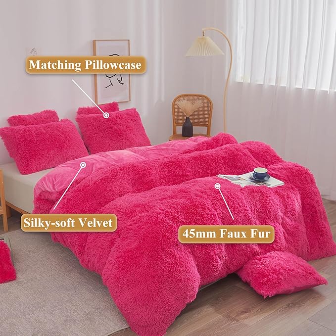 XeGe Plush Shaggy Duvet Cover Set, Luxury Ultra Soft Fluffy Faux Fur Bedding Sets 2 Pieces Velvet(1 Fuzzy Furry Comforter Cover + 1 Faux Fur Pillow Case), Zipper Closure (Twin, Hot Pink)