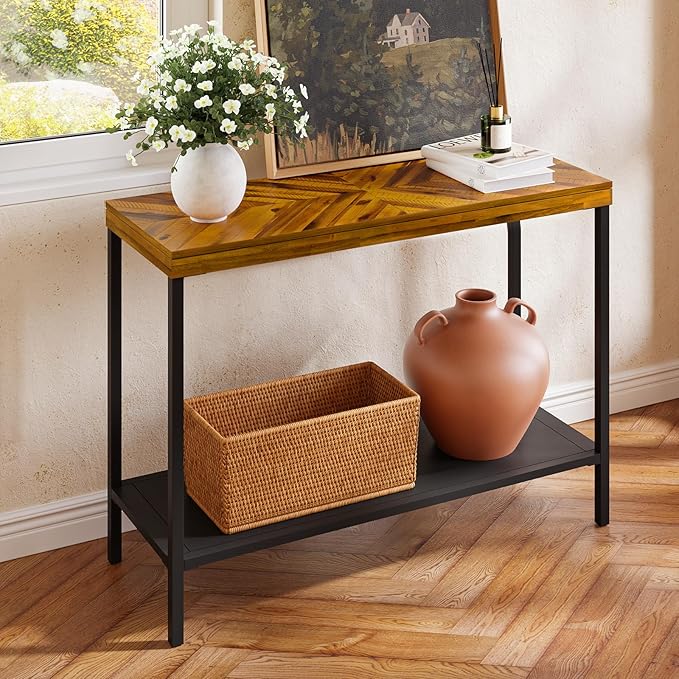 Bme Vivian Console Table, Solid Acacia Wood Entryway Table Without Drawer, Rustic Golden Brown Mid Century Modern Hallway Table, Sofa Table for Living Room or Foyer