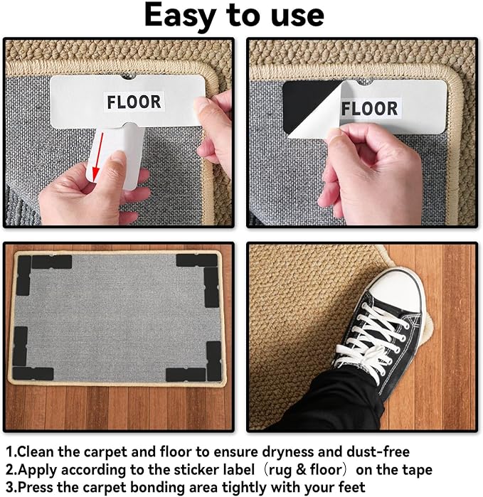 Rug Carpet Non Slip Grippers, Reusable Rug Tape Stickers Pads for Hardwood Floors and Tiles, Double Adhesive Carpet Grippers for Area Rugs Corners Flat, No Damaging for Floor Removable, 4Pcs