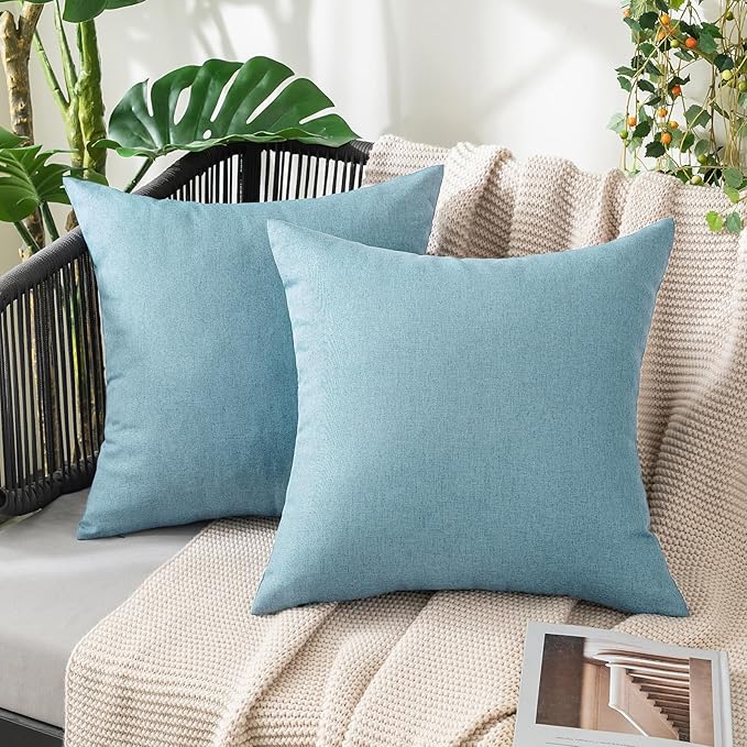 MIULEE Pack of 2 Decorative Outdoor Solid Waterproof Throw Pillow Covers Faux Linen Garden Farmhouse Coastal Cushion Cases for Summer Patio Tent Balcony Couch Sofa 16x16 Inch Blue Gray
