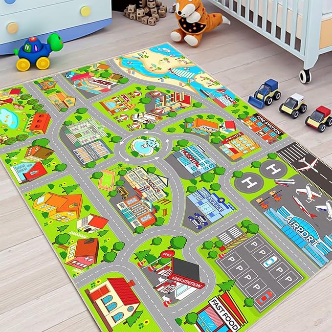 Boys Car Rugs for Kids Toy Cars,City Road Rug for Playroom Airport Track Play Mat Carpet 3' x 5' Educational Learning Fun Play Mats for Floor Boys Playmat for Kids Room,Classroom, Bedroom