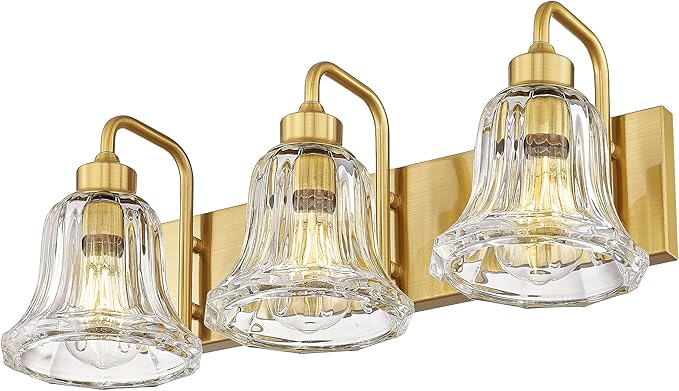 zeyu 3-Light Gold Bathroom Vanity Light with Clear Striped Glass, Modern Brass Vanity Light for Bathroom Mirror, 22 Inch Bathroom Lights Over Mirror, ZJX117B-3W BG
