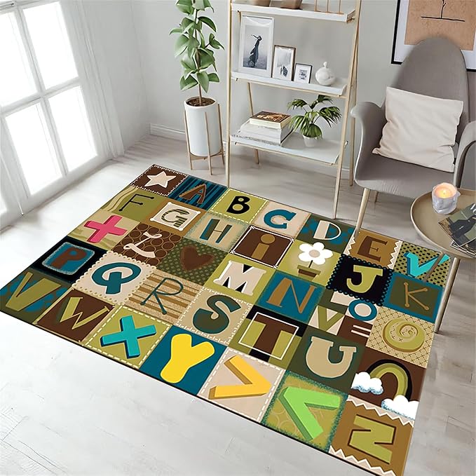 ABC Education Area Rug Children's Range of Rugs for Learning English Letters and Math Symbols Prints Retro Multicolor Patchwork Carpet Kids Gaming Throw Rugs for Nursery Dorm Classroom, 2x5ft