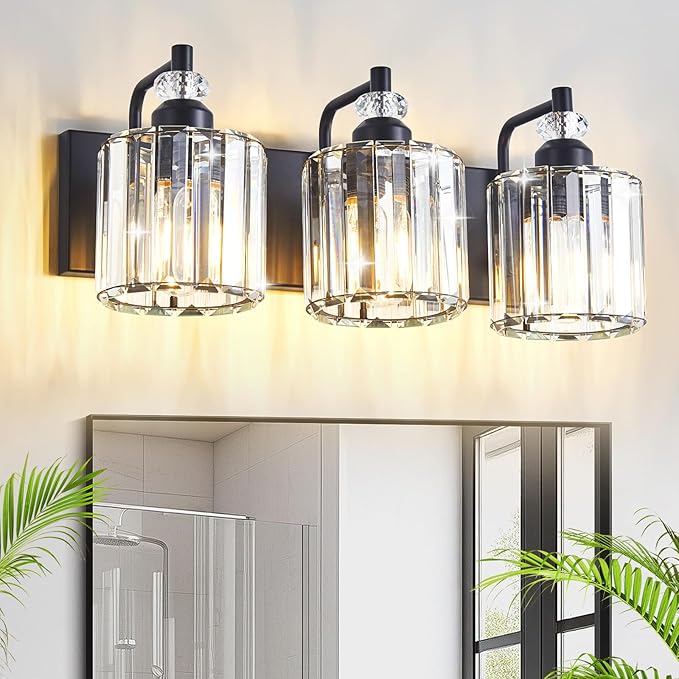 3-Light Black Bathroom Light Fixtures Over Mirror Modern Vanity Lights Crystal Wall Sconce Vintage Bathroom Lighting with Crystal Shade E26 Base for Bedroom, Living Room, Hallway