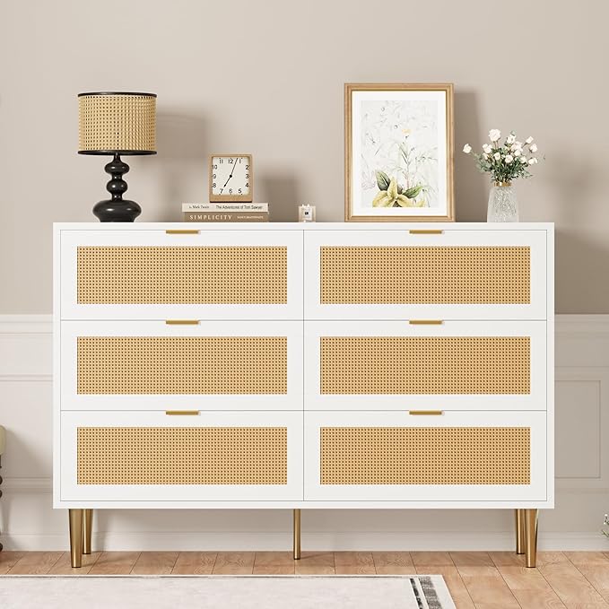 GarveeHome Rattan 6 Drawer Dresser, Modern Chest of Drawers with Gold Legs and Gold Handles, Wide Double Dresser with Large Tabletop and Anti-Tipping Design for Bedroom Living Room, White