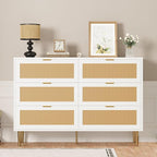 GarveeHome Rattan 6 Drawer Dresser, Modern Chest of Drawers with Gold Legs and Gold Handles, Wide Double Dresser with Large Tabletop and Anti-Tipping Design for Bedroom Living Room, White