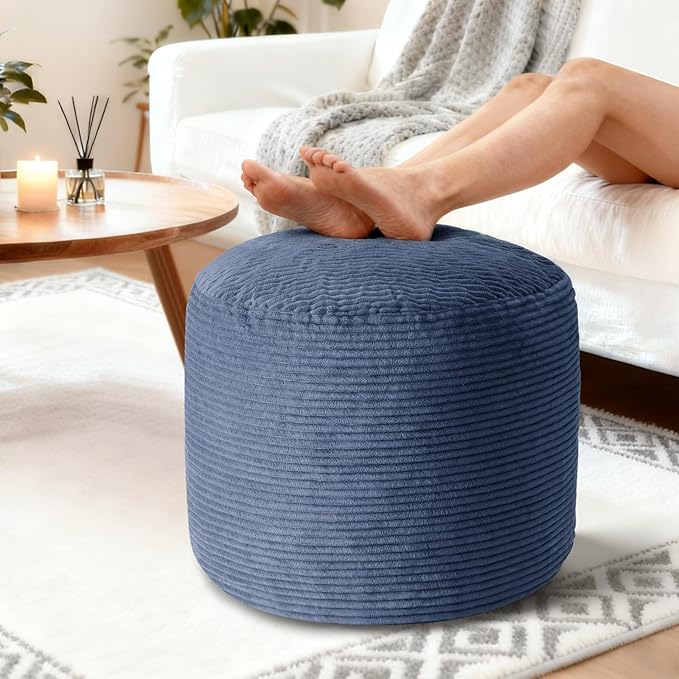 Pouf Ottoman Foot Rest, Comfortable & Soft, Round Footstool for Living Room, Bedroom, Office, Room Decoration, Corduroy Foot Stool Pouf with Odorless & Anti-Clump Filling, Large Navy