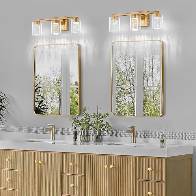 SineRise 3-Light Gold Vanity Light with 3 Color Modes (3000K/4000K/6000K), Eye Protection LED Bathroom Light Fixture, Dimmable Modern Wall Light Over Mirror with Clear Glass Shade