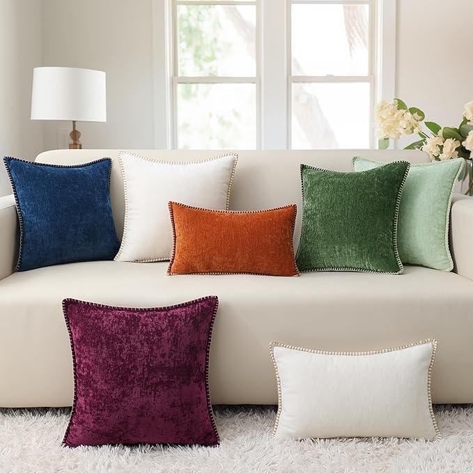 decorUhome Spring Chenille Soft Cozy Throw Pillow Covers 26x26 Set of 2, Modern Farmhouse Boho Velvet Decorative Euro Sham Pillow Cases with Stitched Edge for Couch Sofa Bed Home Decor, Mineral Yellow