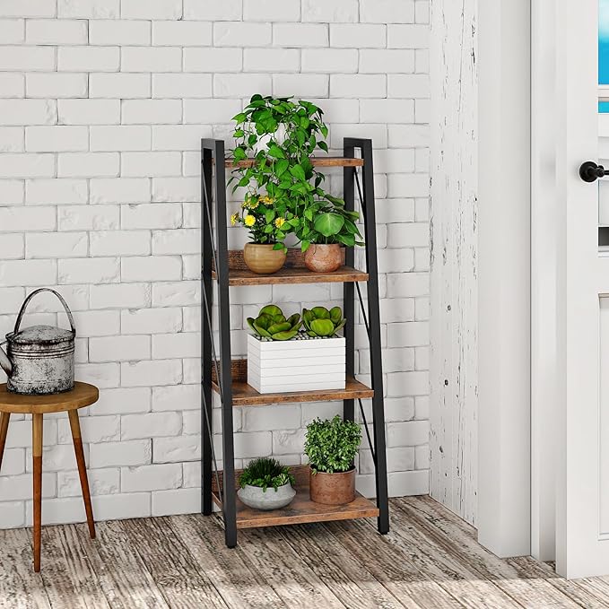 HOOBRO Ladder Shelf, 4-Tier Bookshelf, Corner Bookcase, Freestanding Storage Shelf Display Organizer, for Living Room, Bedroom, Home Office, Kitchen, Rustic Brown and Black BF304CJ01