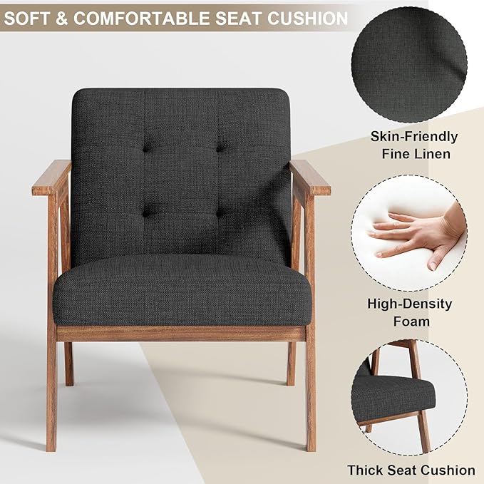 Mid Century Accent Chair, Upholstered Fabric Lounge Chair with Walnut Finish Frame for Living Room, Comfortable Sofa Chairs in Dark Gray