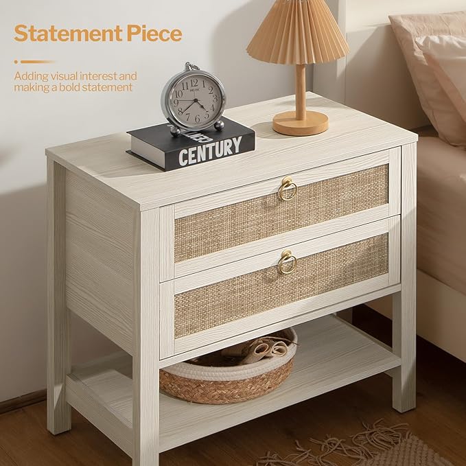 SICOTAS White Night Stand with Drawers and Storage Shelf - Large Nightstands Rattan Decor Boho Bedside Table Narrow Side Table for Bedroom, Small Space