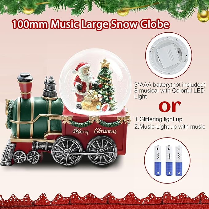 Christmas Snow Globe with Light up and Musical Snowflakes Holiday Decoration, 5.9 Inch Height Santa Claus Train Resin Snowglobe, Christmas Holiday Indoor Decor.