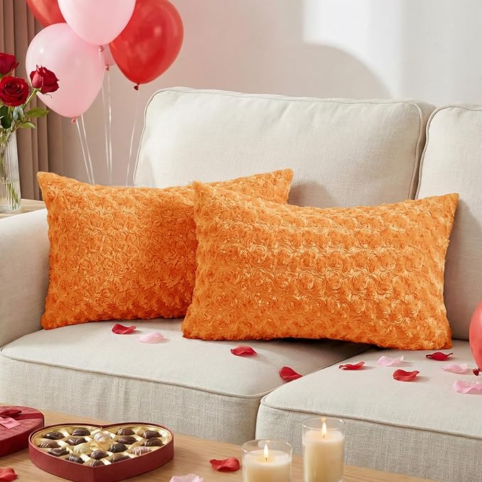 FUTEI Orange Decorative Throw Pillow Covers 12x20 Inch Set of 2,Soft Solid Rose Swirl Textured Lumbar Pillow Case,Valentine's Day Decor for Couch Living Room