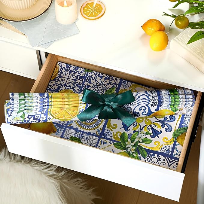 BBTO 20 Sheet Scented Drawer Liners for Dressers 15.8" x 22" Scented Fragrant Cabinet Paper Liners Non Adhesive Drawer Paper Mats for Bedroom Home Closet Shelves(Lemon)