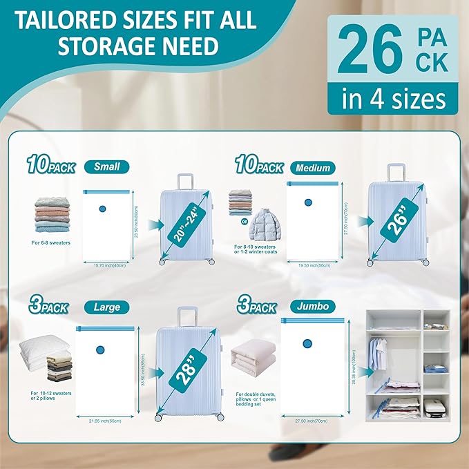 26 Pack Vacuum Storage Bags with Portable Rechargeable Wireless Electric Pump, Vacuum Seal Space Saver Bags for Clothing, Pillows, Blanket, Bedding, Comforters