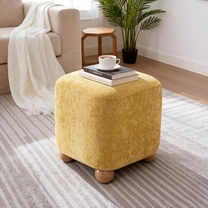 Cube Pouf Ottoman with Wooden Leg,Chenille Fabric Vanity Stool-Upholstered Floor Chair,Square Footstool Pouf with Acacia Wood Frame(500Lbs),Small Coffee Table Ottoman for Living Room