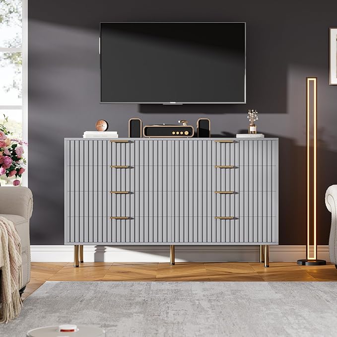 8 Drawer Dresser for Bedroom, Fluted 55 in Wide Modern Chest of Drawers with Deep Drawers, Long Large Double Dresser TV Stand, Wooden Dresser Organizer for Living Room, Hallway, Kids Room, Grey