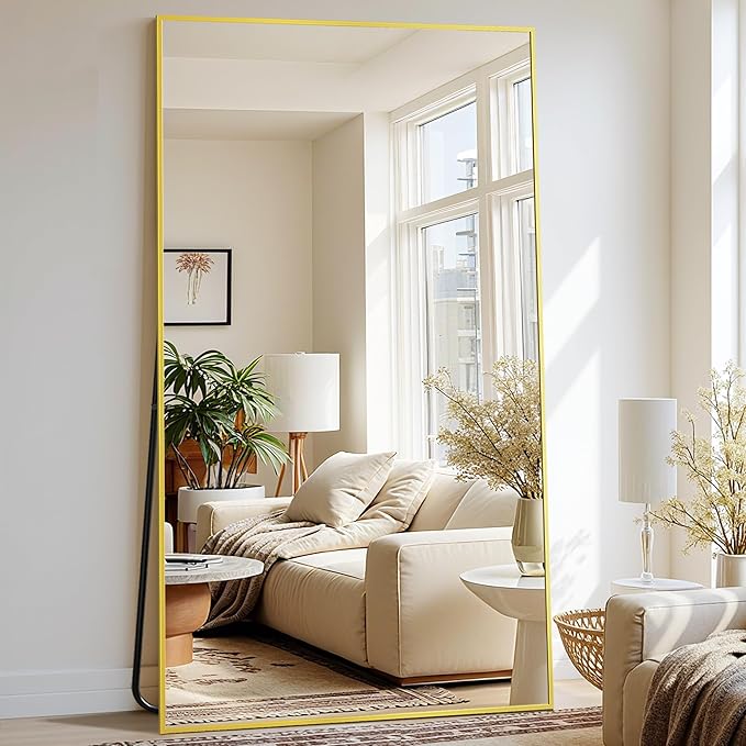 Full-Length Floor Mirror with Stand, 78"x38" Rectangle Style Full Body Standing Mirror for Bedroom, Living Room, Gym, Dorm - Shatter-Resistant & Easy Assembly, Gold