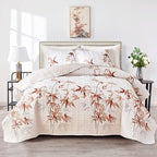Botanical Quilt Set 3 Pieces King, Burnt Orange Leaves on White Design Reversible Bedspread Coverlet Set, Soft Microfiber Lightweight Bed Cover for All Season (102" x 90", 1 Quilt+ 2 Pillow Shams)