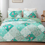 Whale Flotilla Patchwork Quilt King Size, Extra Soft Boho Floral Bedspreads for Bed Reversible Lightweight King Quilt Bedding Set Printed Coverlets with 2 Pillow Shams for All Seasons, Green