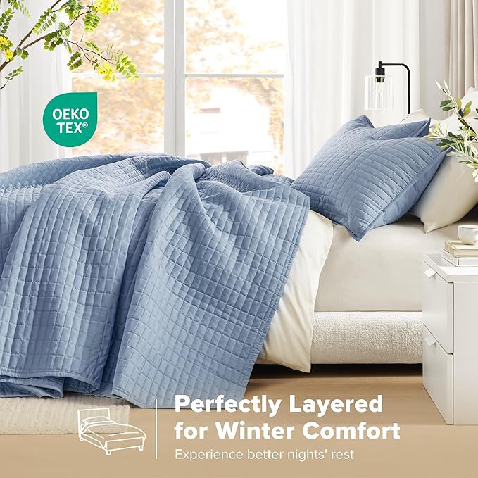 Comfort Spaces Blue Oversized King Quilt Set 120"x118" Bedspread Quilted Summer Lightweight Microfiber Bedding Coverlet with Double Sided Stitching Soft All Season Cozy 3 Piece with Matching Shams