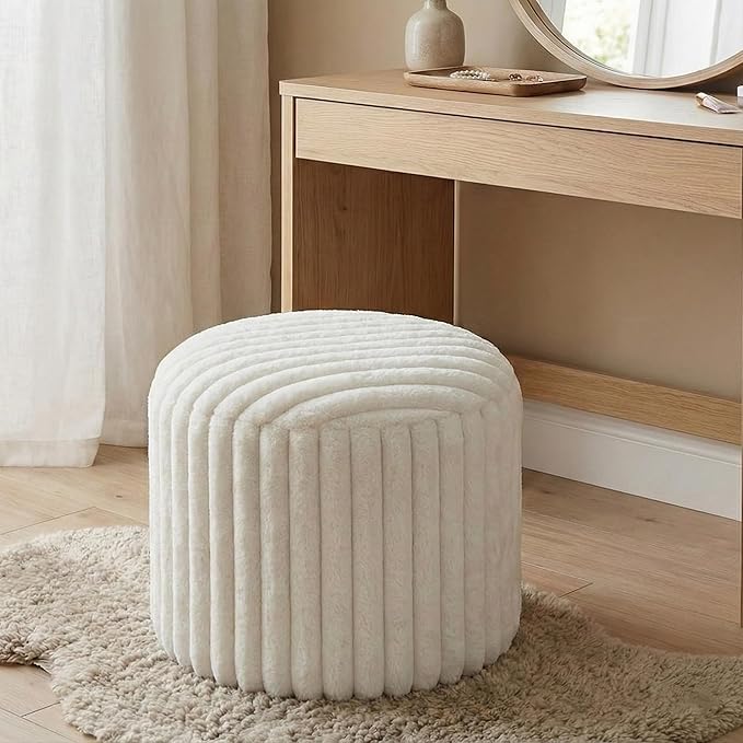 Luxury Round Stuffed Floor Poufs Ottoman, Stripe Faux Fur Footrest with Dual Layer Comfort, Removable Washable Cover, 20"x15" Plush Shaggy Pouf for Living Room Bedroom Vanity, Cream Beige