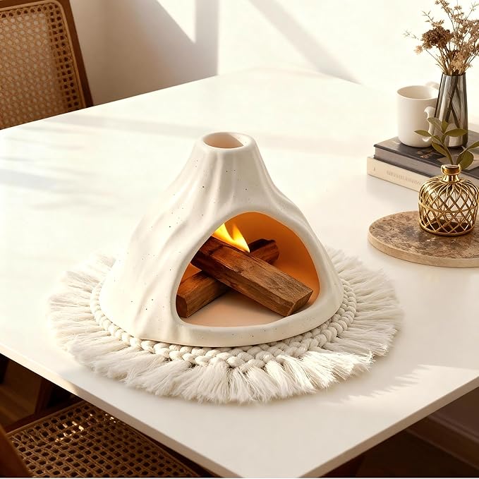 Ceramic Palo Santo Holder Burner,Incense Cone Holder,Mini Chiminea for Palo Santo Sticks and Sage Burner,with Handmade Heat Insulated Mat,Dust Brush,Metal Tweezer. (White Volcano)