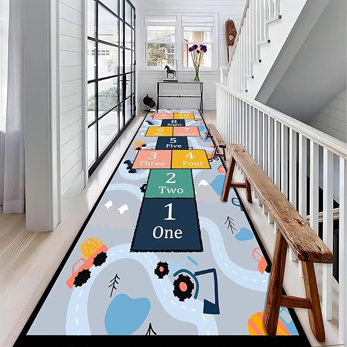 Hopscotch Game Long Hallway Rug Runners, 2x7ft, Cartoon City Car Road Bedroom Carpet, Shed Resistant Low Pile Carpets, Machine Washable Soft Non Slip Rugs for Nursery Dorm Family