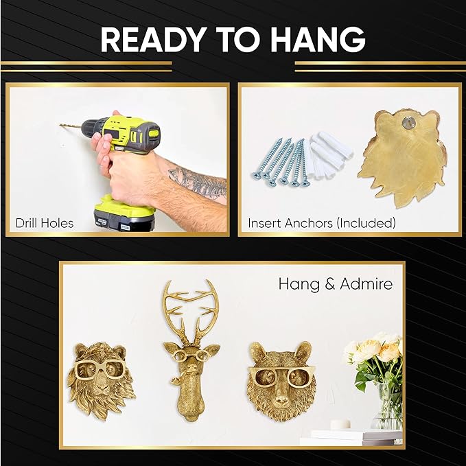 Luxicoze Gold 3pcs Animal Heads Wall Decor - Victorian-Style Lion Head, Bear Head, and Deer Head Wall Mount Decor, Adorned with Spectacles, Resin Home Decor Sculptures for Artistic Living Rooms, Animal Statue.