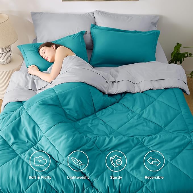 Bedsure Queen Comforter Set - 7 Pieces Reversible Teal Bedding, Queen Size Bed Set for All Seasons, Bed in a Bag with Down Alternative Comforter, Sheets, Pillowcases & Shams