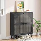 Shoe Storage Cabinet for Entryway with 2 Flip Drawers, Narrow Wood Shoe Cabinet with Fluted Panel, Freestanding Hidden Shoe Organizer for Foyer, Hallway (Black - with Shelf)
