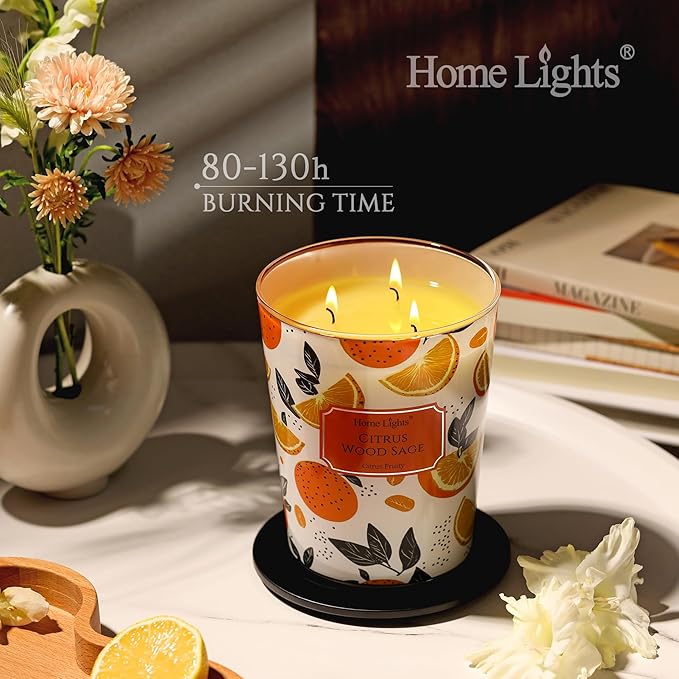 HomeLights Scented Candles | Large Jar 34 Oz Natural Soy Candle | 130 hrs Long-Lasting with 3 Wicks | Eclectic Mixed Styles Home Decor | Gifts for Mom & Women, Citrus Wood Sage