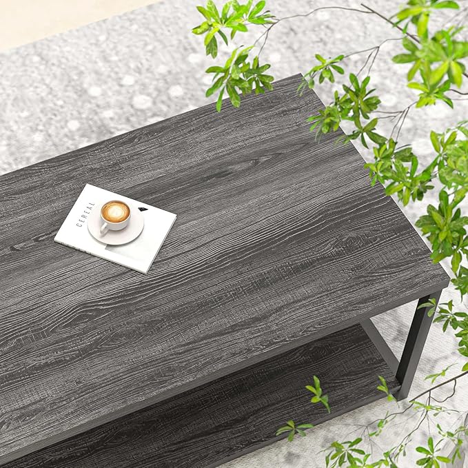 FOLUBAN Coffee Table with Storage, Modern Small Center Tables for Small Spaces, Rustic Wood and Metal Cocktail Table for Living Room, 39.3 Inch Dark Gray