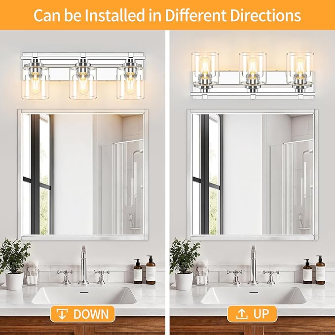 3 Light Modern Bathroom Light Fixtures Over Mirror, Chrome Vanity Lights for Bathroom Wall Sconces with Clear Glass Shades, E26 Socket (Bulbs Not Included)