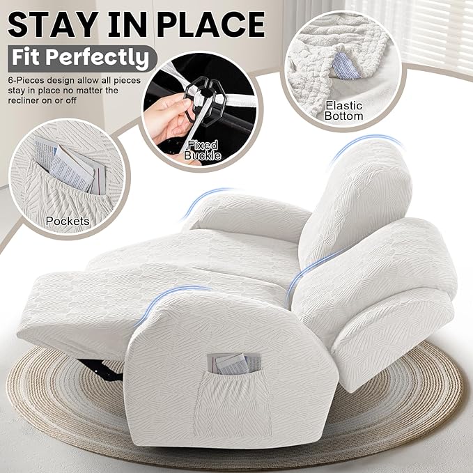 VANSOFY Recliner Loveseat Cover, 6-Pieces Stretch Dual Recliner Sofa Cover Soft Jacquard Reclining Couch Slipcover Furniture Protector with Elastic Bottom for Kid, Pets(2 Seat,Porcelain White)