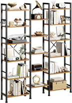 Furologee Triple 6 Tier Bookshelf, Bookcase with 17 Open Display Shelves, Wood and Metal Shelf Storage Organizer,Industrial Wide Shelving Unit for Living Room,Home Office,Rustic Brown