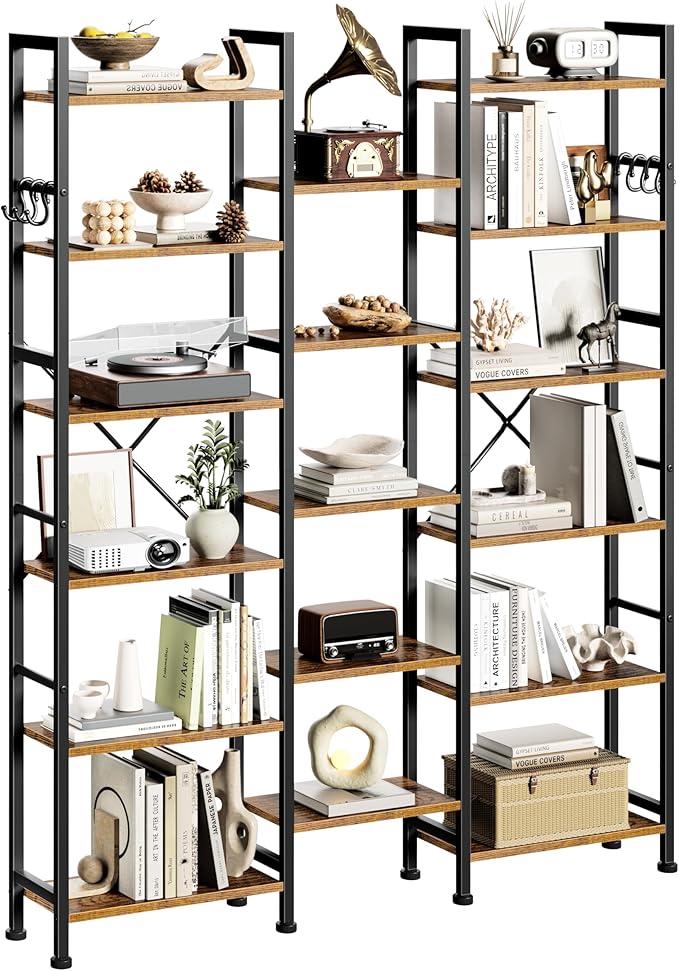 Furologee Triple 6 Tier Bookshelf, Bookcase with 17 Open Display Shelves, Wood and Metal Shelf Storage Organizer,Industrial Wide Shelving Unit for Living Room,Home Office,Rustic Brown