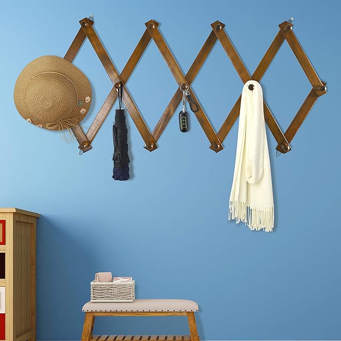 Dseap Accordian Wall Hanger: 16” High Wooden Wall Expandable Coat Rack, Hat Rack Holder, Accordion Hook for Baseball Caps, Coats, Mugs, 13 Peg Hooks, Brown