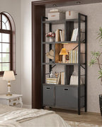 Armocity Bookshelf with Drawers - 5 Tier Tall Bookcase Geometric Modern Book Shelf Display Standing Bookshelves with Storage for Living Room, Bedroom Home Office, Grey Oak