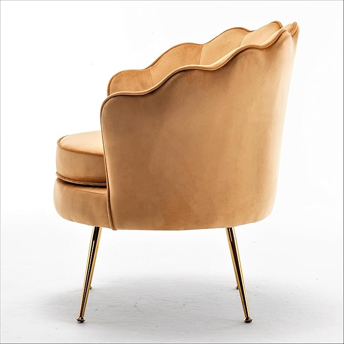 Velvet Barrel Accent Chair with Scalloped Silhouette and Gold Metal Legs, Decorative Piece Suitable for Traditional, Modern, and Contemporary Spaces, Mustard Yellow