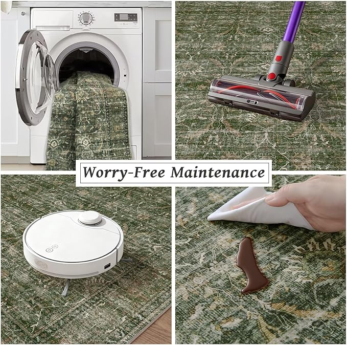 Washable 3x5 Entryway Rug, Boho Non-Slip Vintage Distress Small Rugs for Kitchen Nursery Office Bedroom, 0.3" Neutral Oriental Throw Thin Carpet with Cushioning Pad, Grass Green/Multi