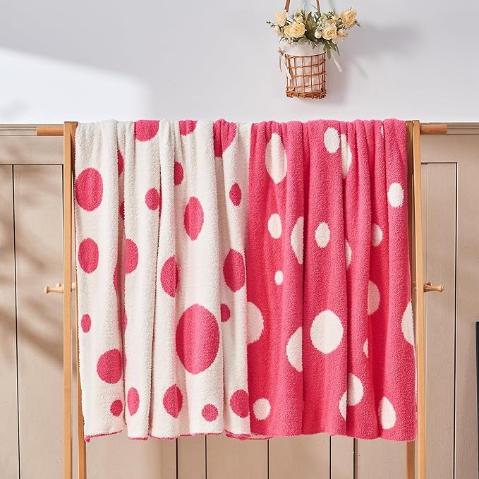 CozeCube Super Soft Fullfy Microfiber Reversible Knitted Blankets, Warm Cozy Fuzzy Plush Throw, Hot Pink and White Polka Dot Throw Blanket for Couch Bed Sofa, 60" x 80"